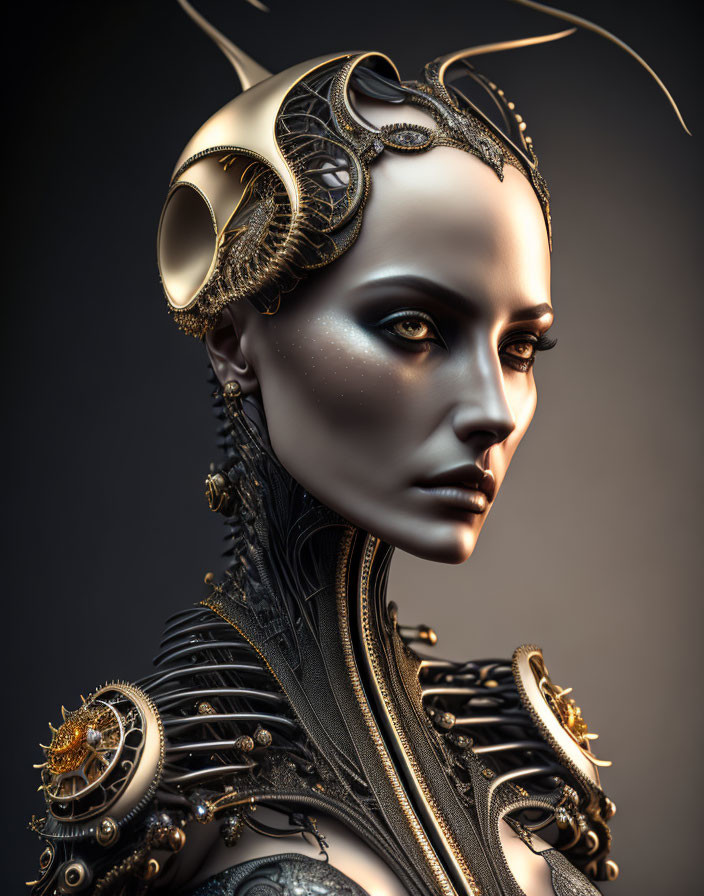 Digital art portrait: Female figure with golden headpiece and shoulder armor on dark background