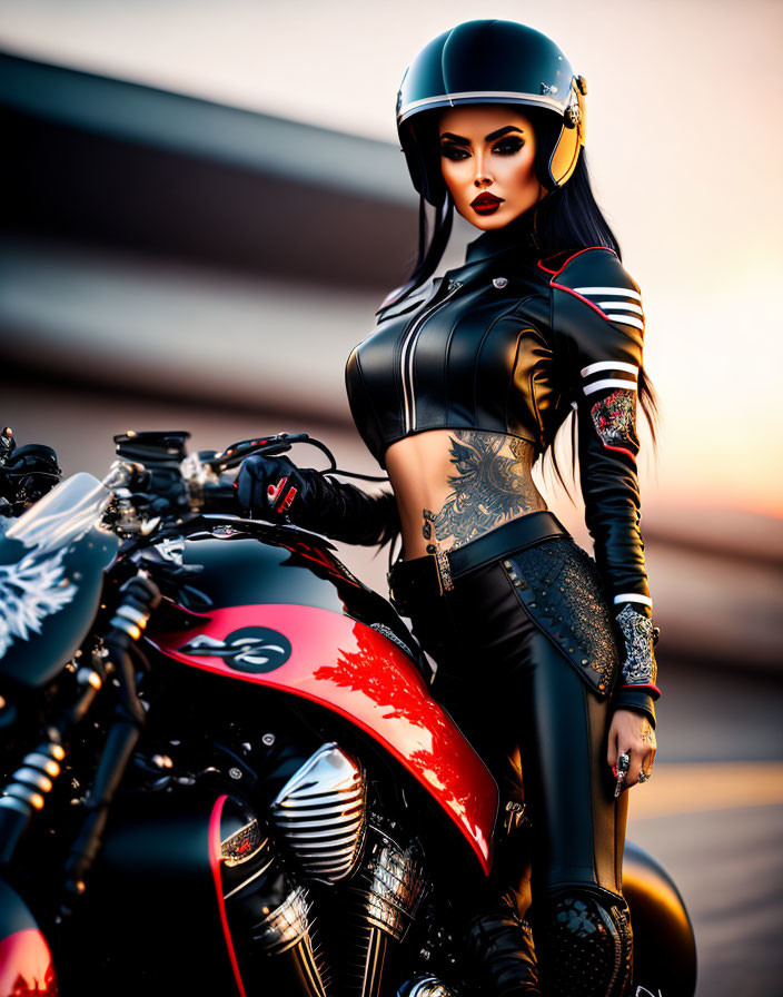 Stylish woman in black and red biker outfit with motorcycle at sunset