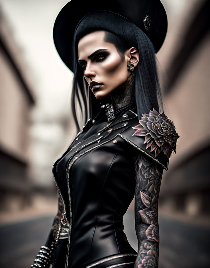 Gothic woman with black hair, tattoos, piercings, black hat, and leather jacket