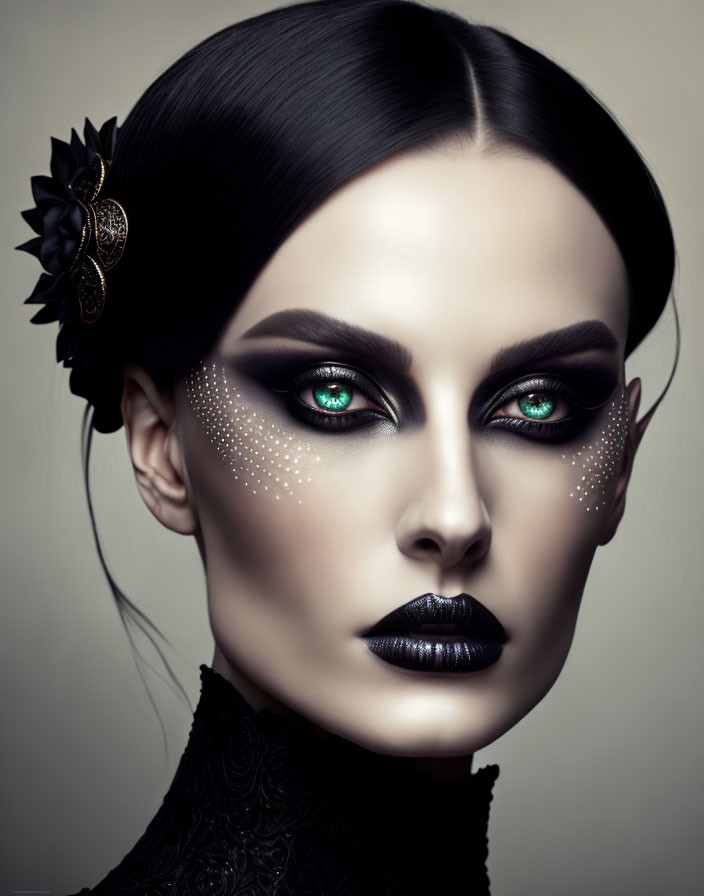 Person with black lipstick, smoky eyeshadow, and green eyes in black outfit with floral accessory