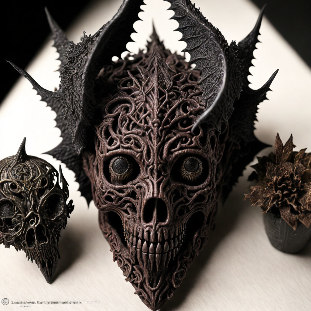 Detailed Skull Design Dark Mask with Textured Patterns and Horns, Flanked by Ornate Objects