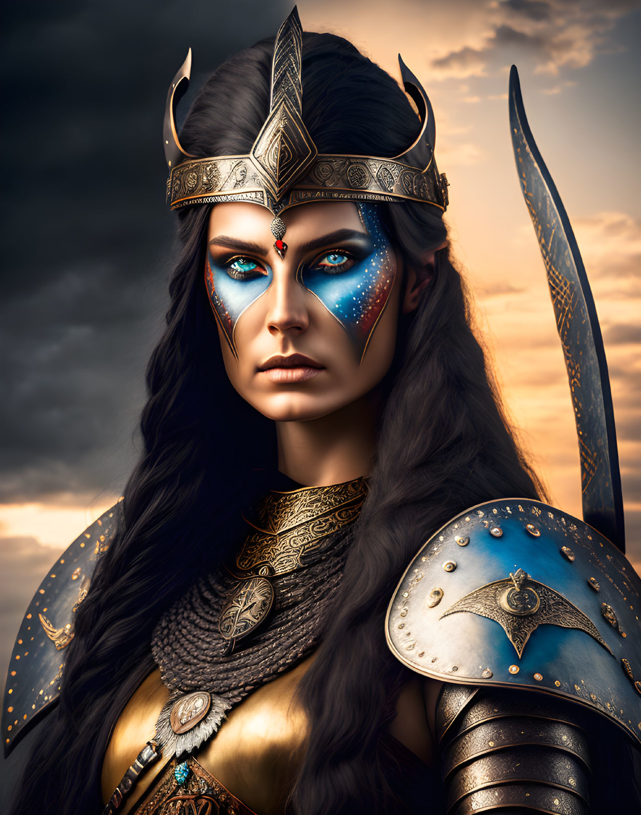 Female warrior in blue war paint and ornate armor against dramatic cloudy sky