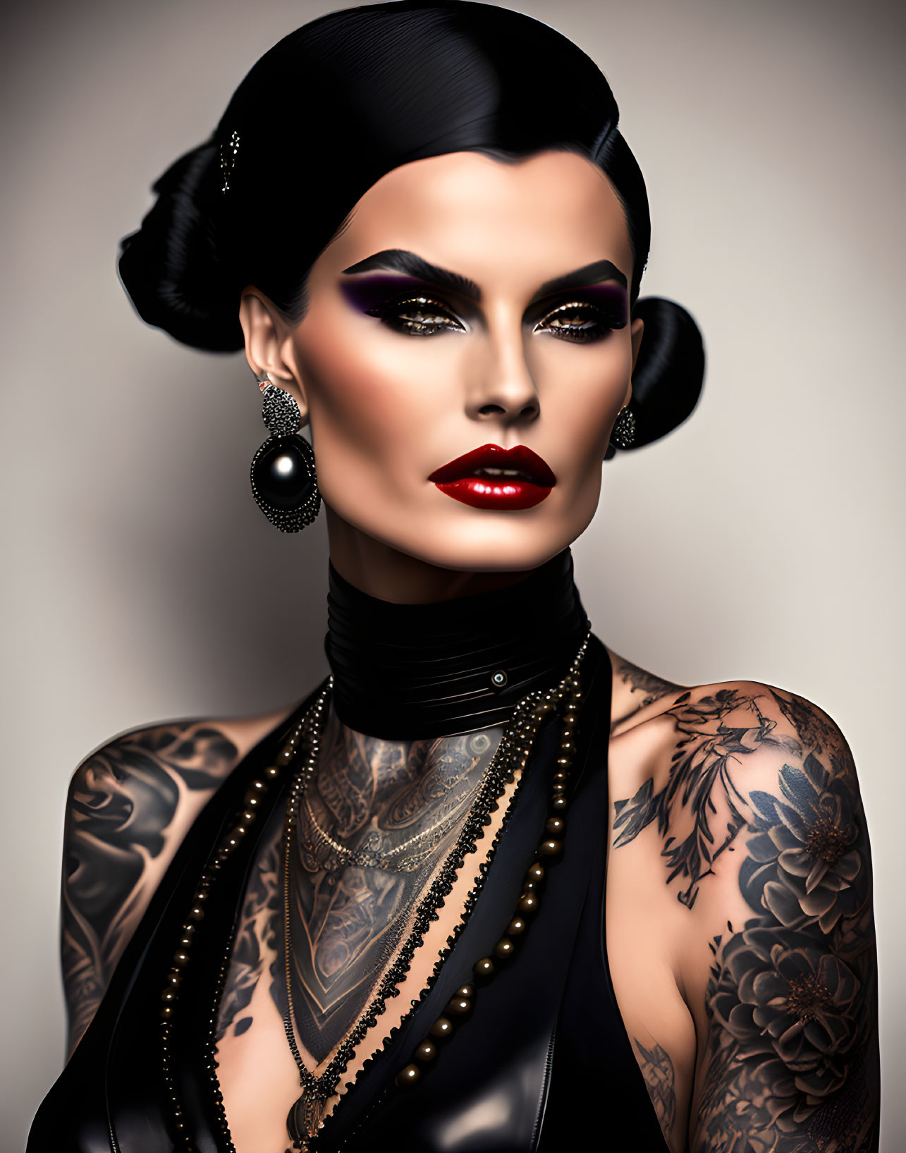 Dark-haired woman with bold makeup and tattoos in black turtleneck.