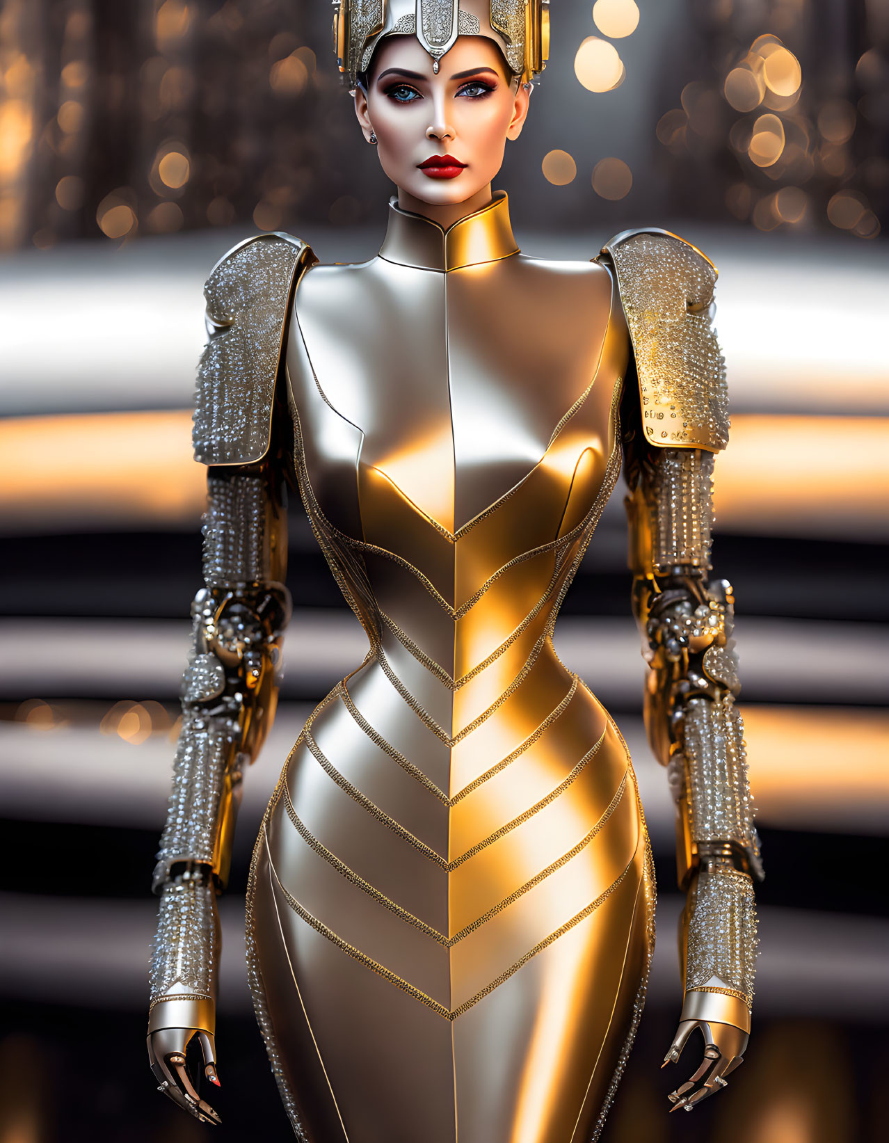 Futuristic female robot in golden armor against light backdrop