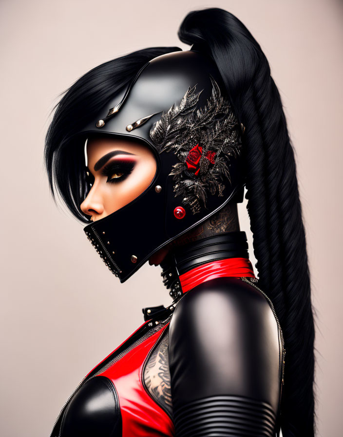 Dramatic makeup model in futuristic black helmet and latex outfit