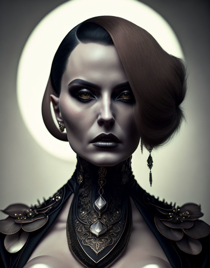 Portrait of a person with dramatic styling and ornate jewelry against circular backlight