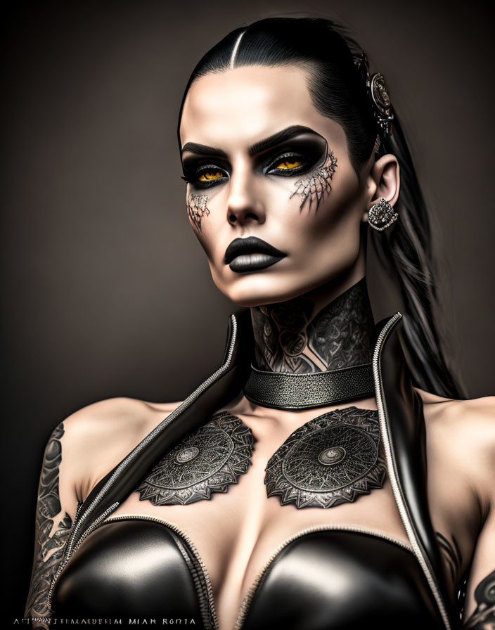 Person with Striking Makeup and Tattooed Skin in Black Leather Outfit