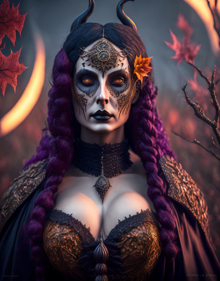 Person with Gothic Makeup, Purple Hair & Autumn Leaves in Mystical Fantasy Look