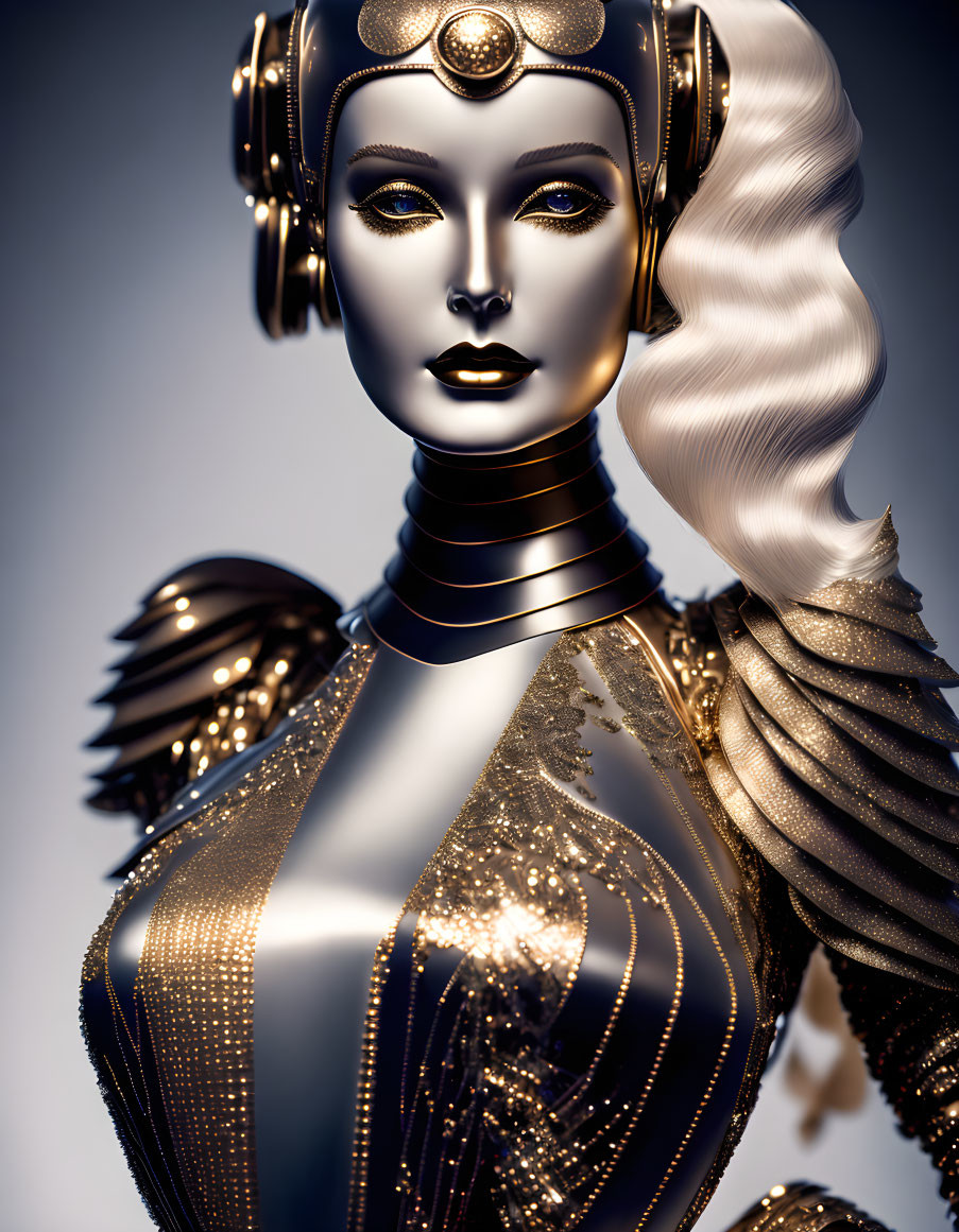 Golden-armored female robot with white wavy hair and intricate design details.