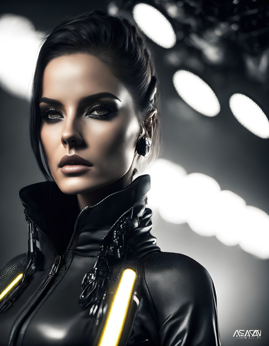 Woman in futuristic black outfit with yellow makeup under bright lights