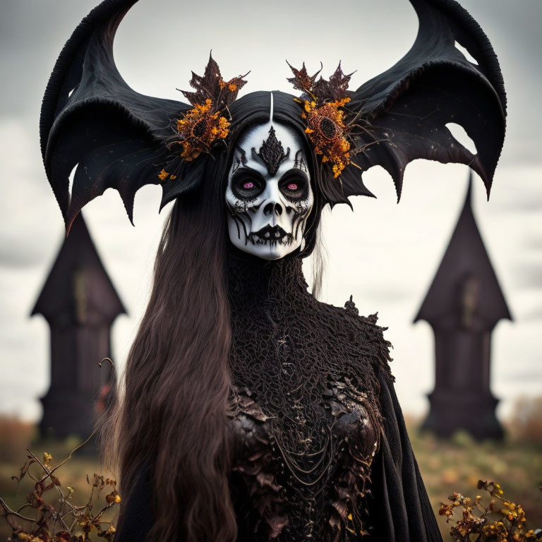 Person in skull makeup and dark costume with large horned headpiece in autumn leaves against cloudy graveyard.