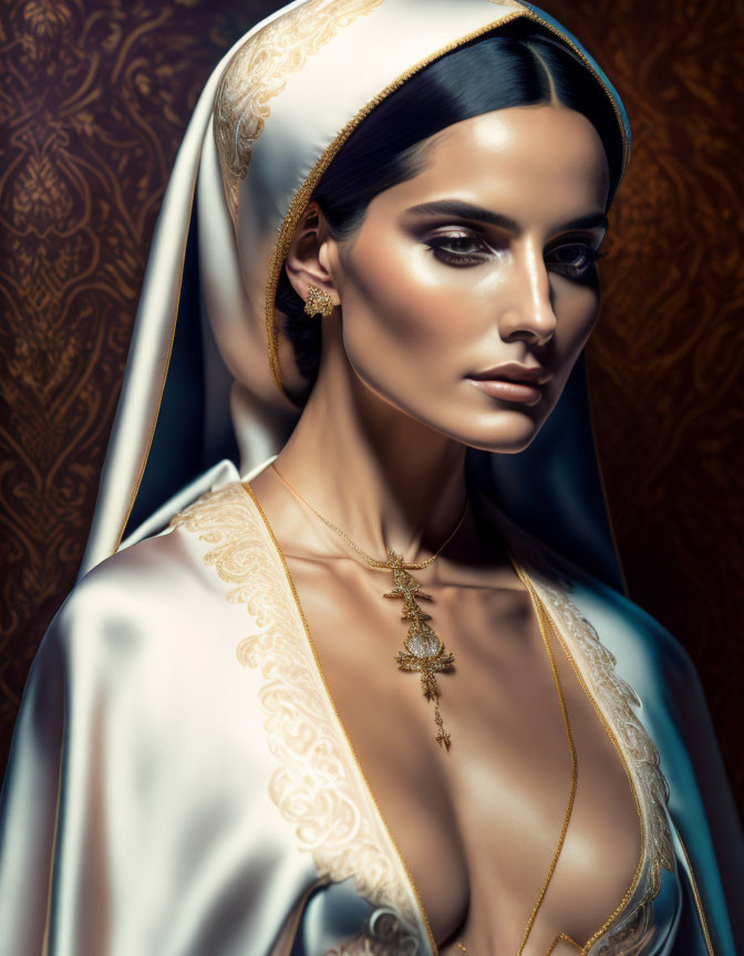 Solemn woman in habit with golden trim and cross necklace, dark hair and fair skin.