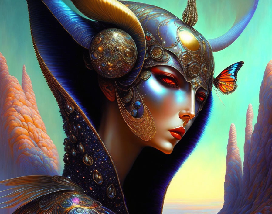 Fantasy digital art of blue-skinned female with horned helmet and butterfly