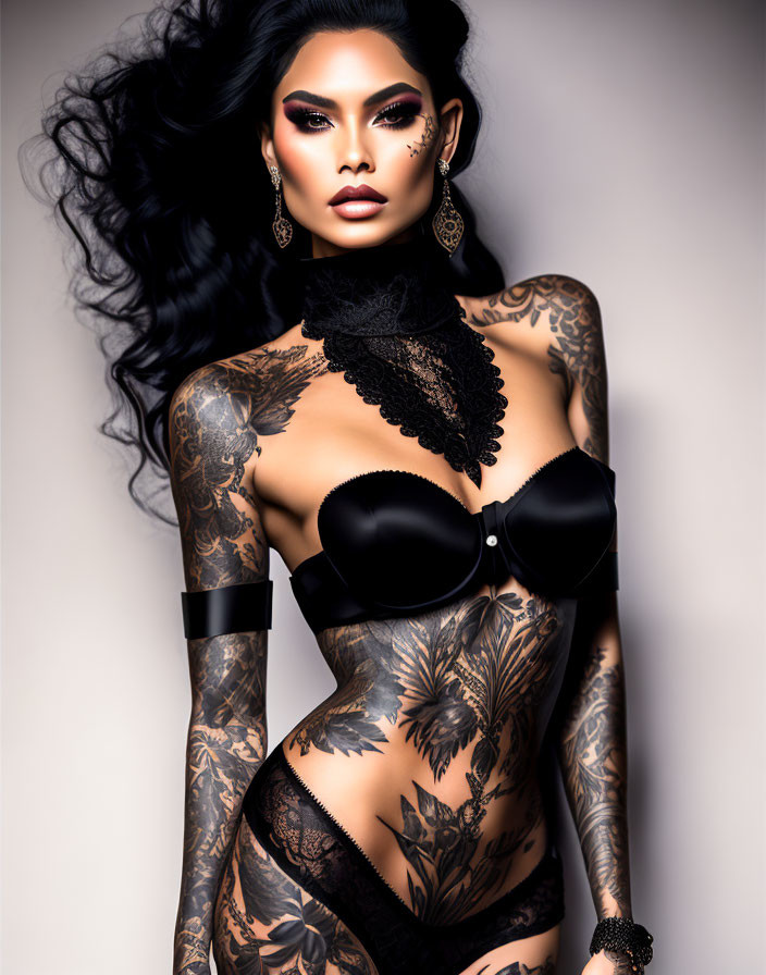 Detailed digital illustration of woman with black hair, tattoos, bustier, choker.