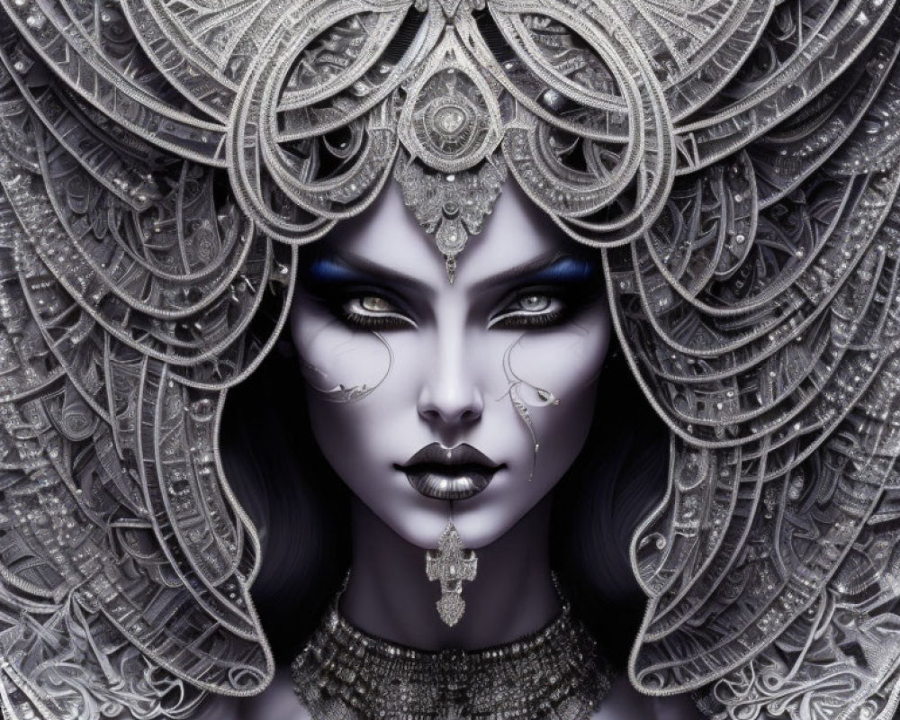 Monochromatic fantasy portrait of a woman with silver headgear and blue eyes