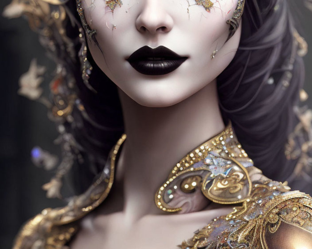 Digital portrait of a woman with blue eyes and gold leaf decorations