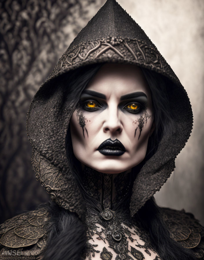 Person with Yellow Eyes in Gothic Attire and Dark Makeup