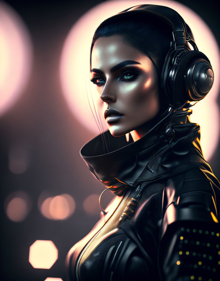 Dark-haired woman in futuristic outfit with headphones against light background