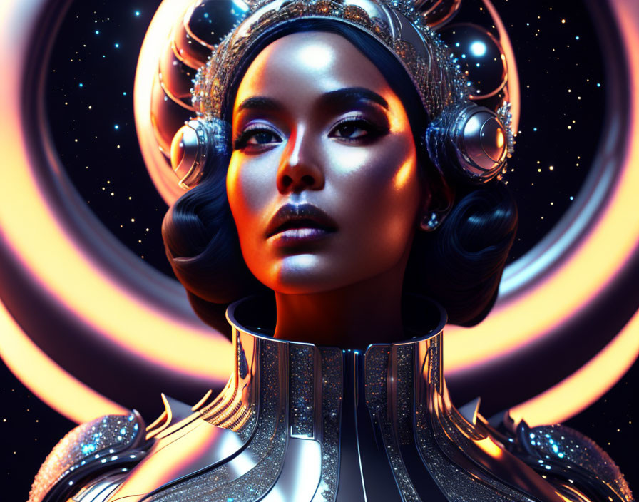 Futuristic woman in stylized headgear and armor with glowing rings in cosmic setting