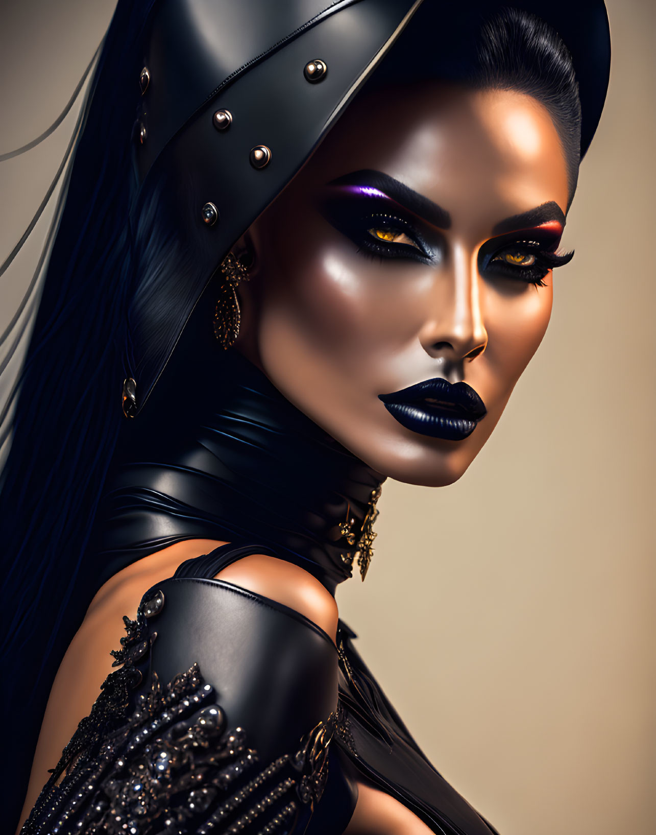 Stylized portrait of person with purple eyeshadow and black lipstick wearing studded helmet and metallic