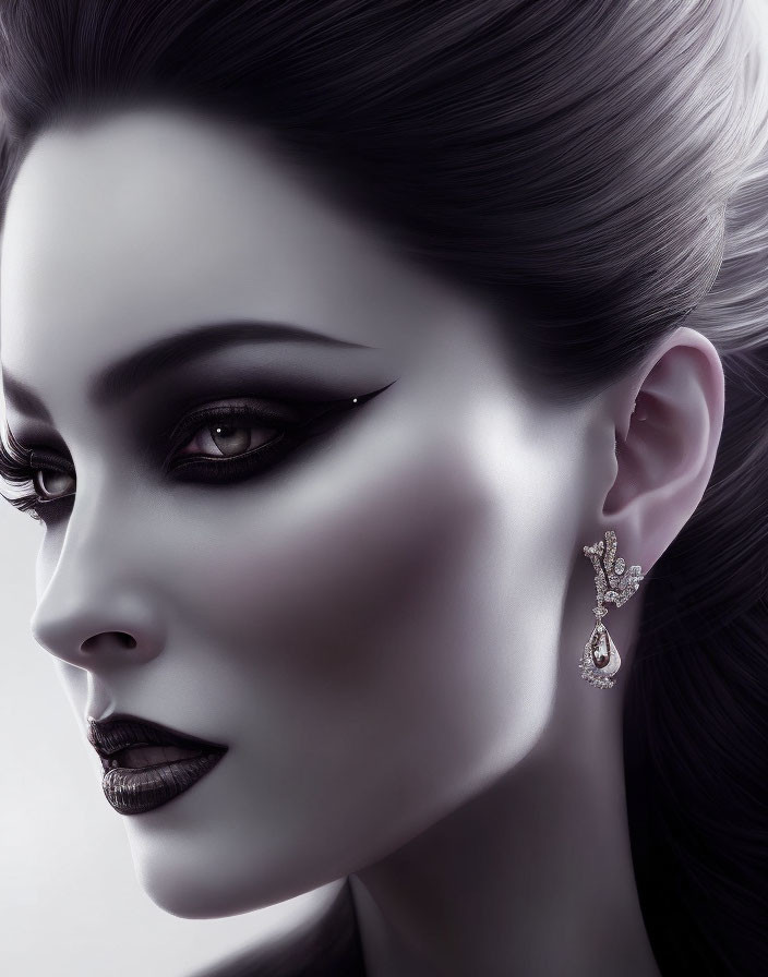 Monochrome image of woman with dramatic makeup and diamond earring