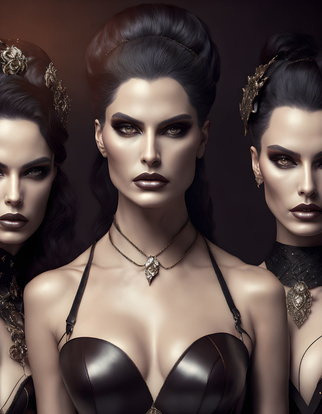 Three women with dramatic makeup, elegant hairstyles, and gold accessories in dark, glamorous attire