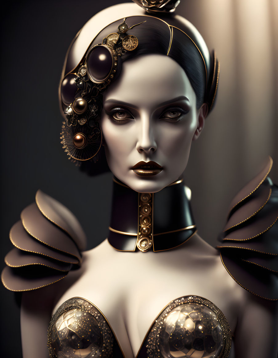 Stylized portrait of woman with avant-garde metallic headdress and futuristic attire