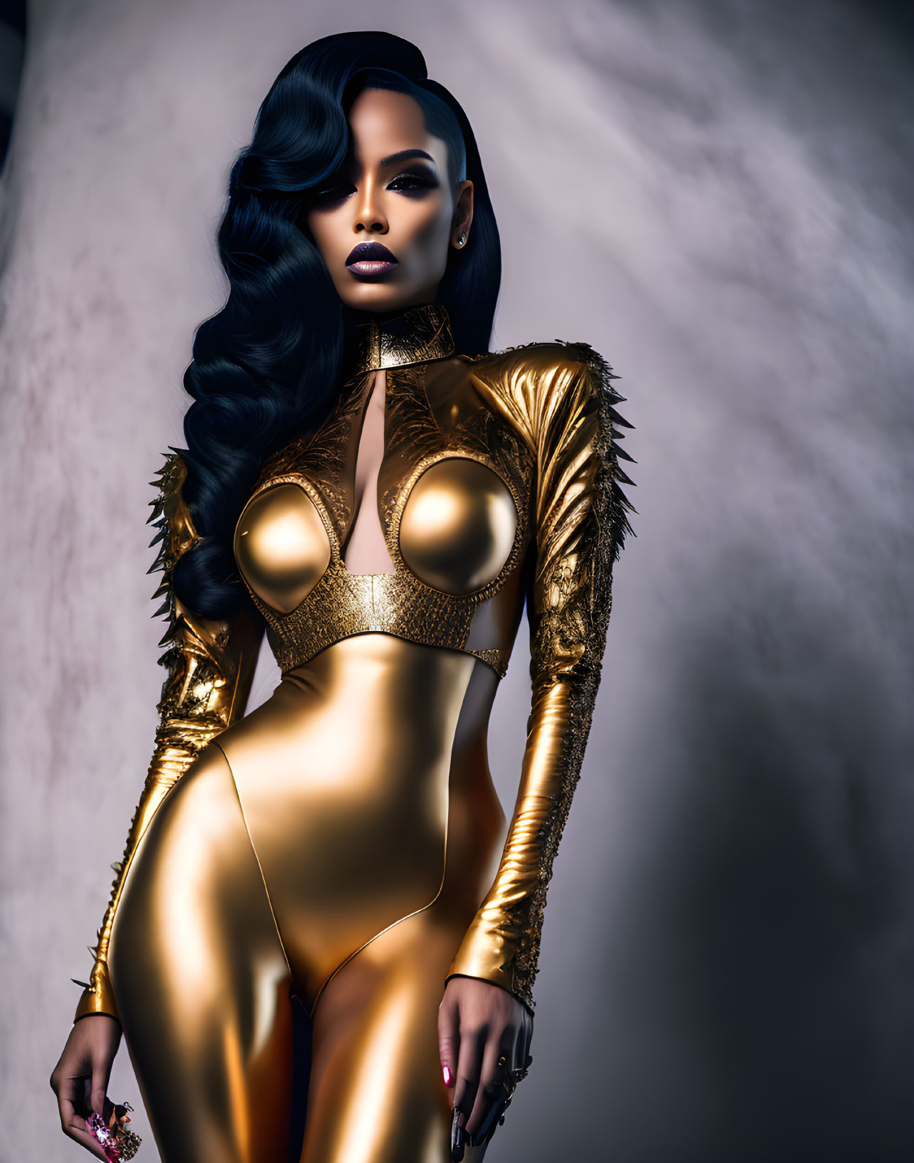 Striking gold bodysuit with dramatic shoulder embellishments posed by model