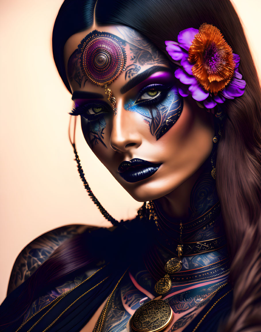 Portrait of woman with facial tattoos, purple flowers, and intense eyes