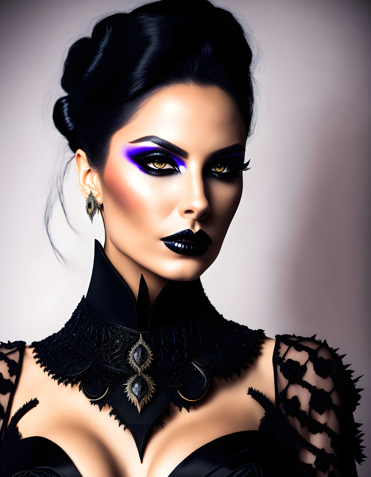 Digital portrait of woman with bold black and purple makeup and elegant updo hairstyle in black lace outfit.