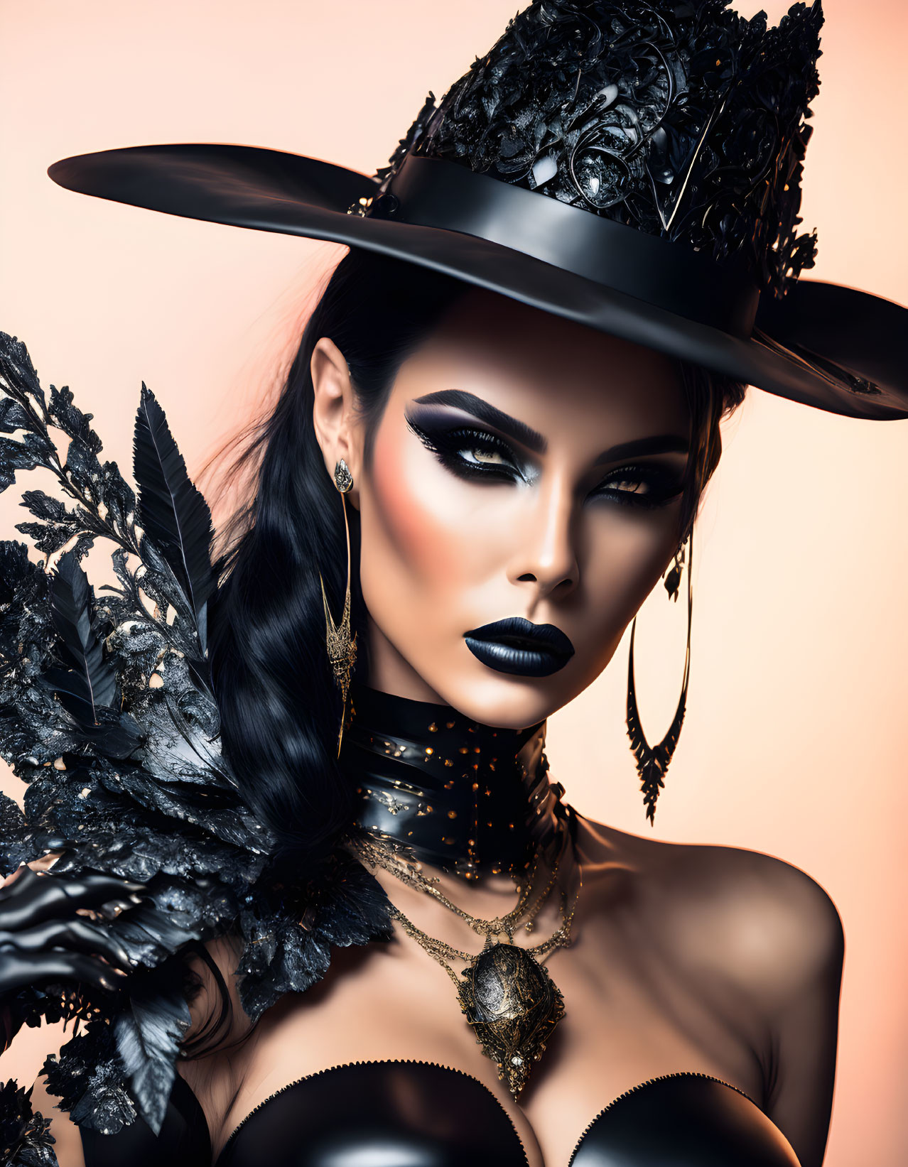 Dramatic makeup and black ornate hat on striking model