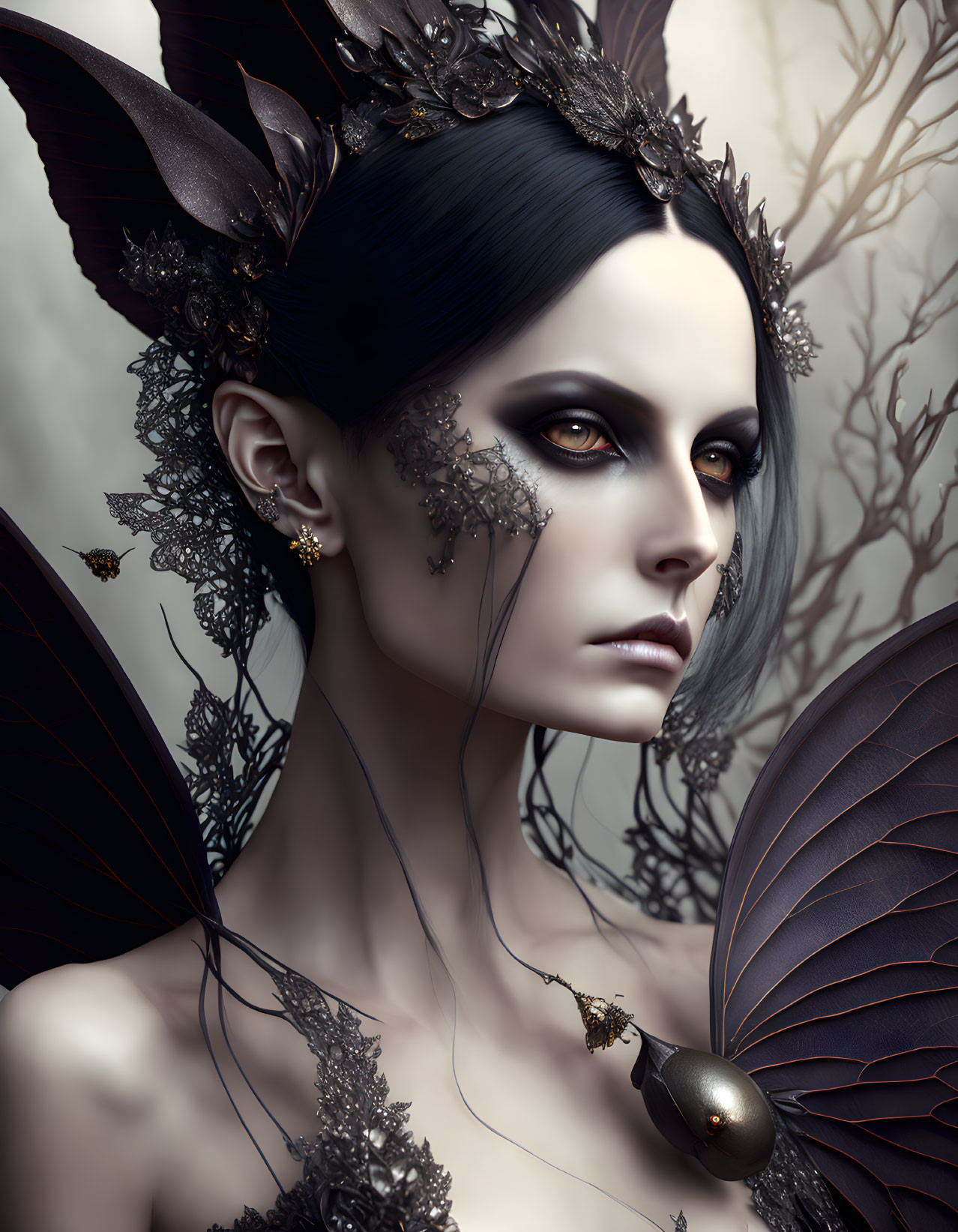 Dark Makeup and Butterfly Accessories on Mystical Woman