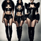 Three models in dark lingerie with fur accents and lace-up boots on light background