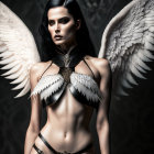 Dark-haired person with white angel wings in dark outfit on black background