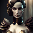 Stylized portrait of woman with avant-garde metallic headdress and futuristic attire