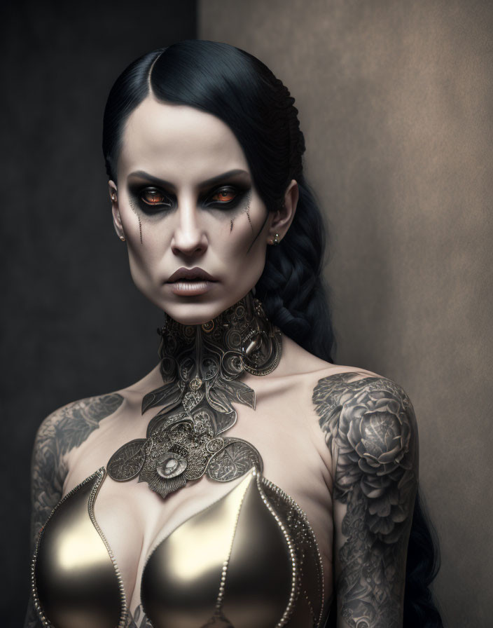 Gothic woman with dark makeup, tattoos, and golden neckpiece