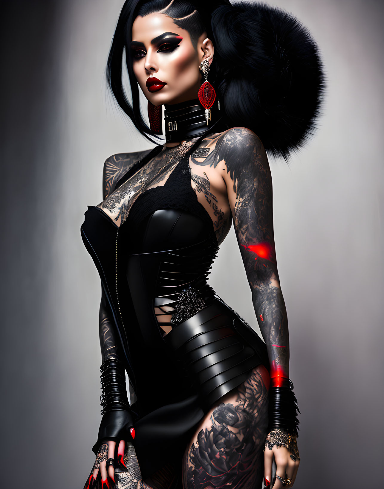 Stylized image of a woman with dark hair, red lipstick, tattoos, black corset,