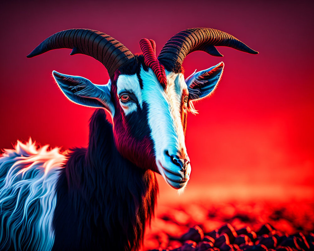 Vibrant goat portrait with curved horns on red background