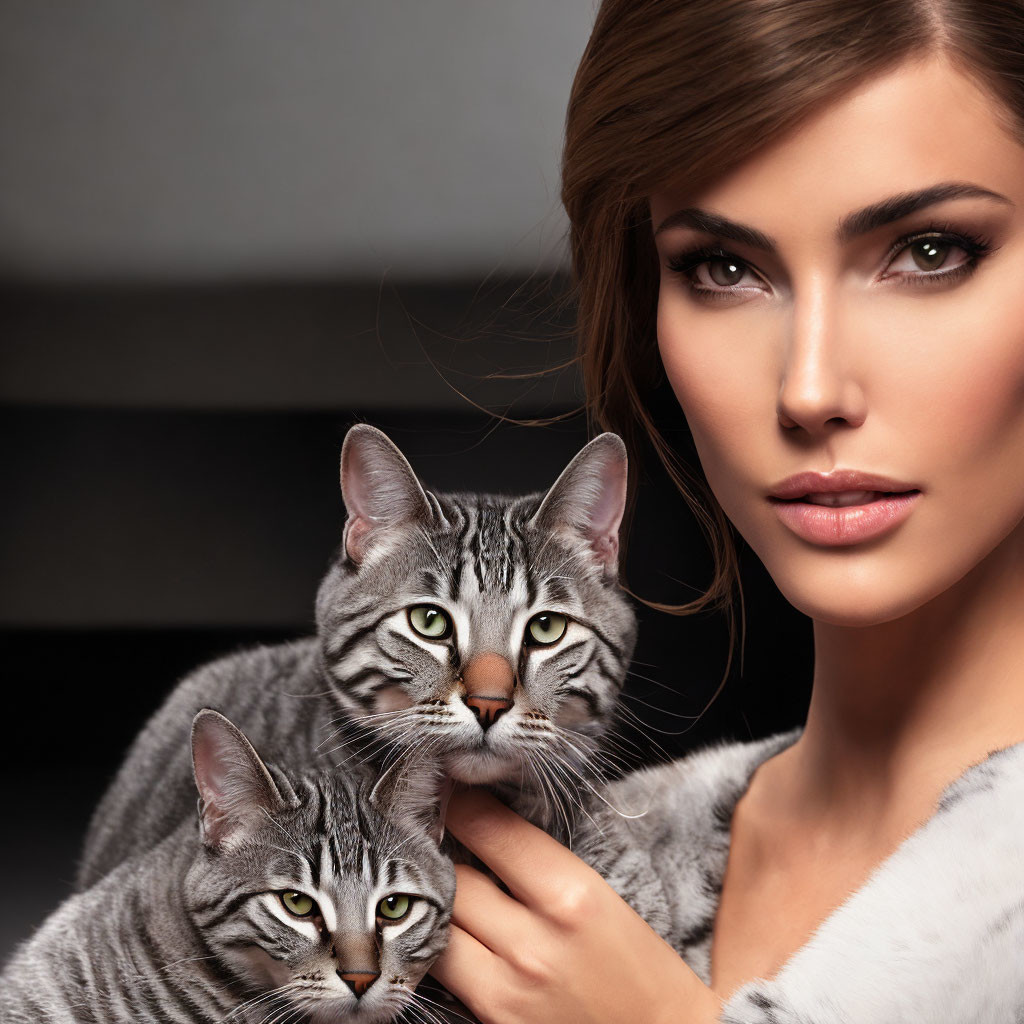 Woman with Grey Tabby Cats in Fur Coat Against Gray Backdrop