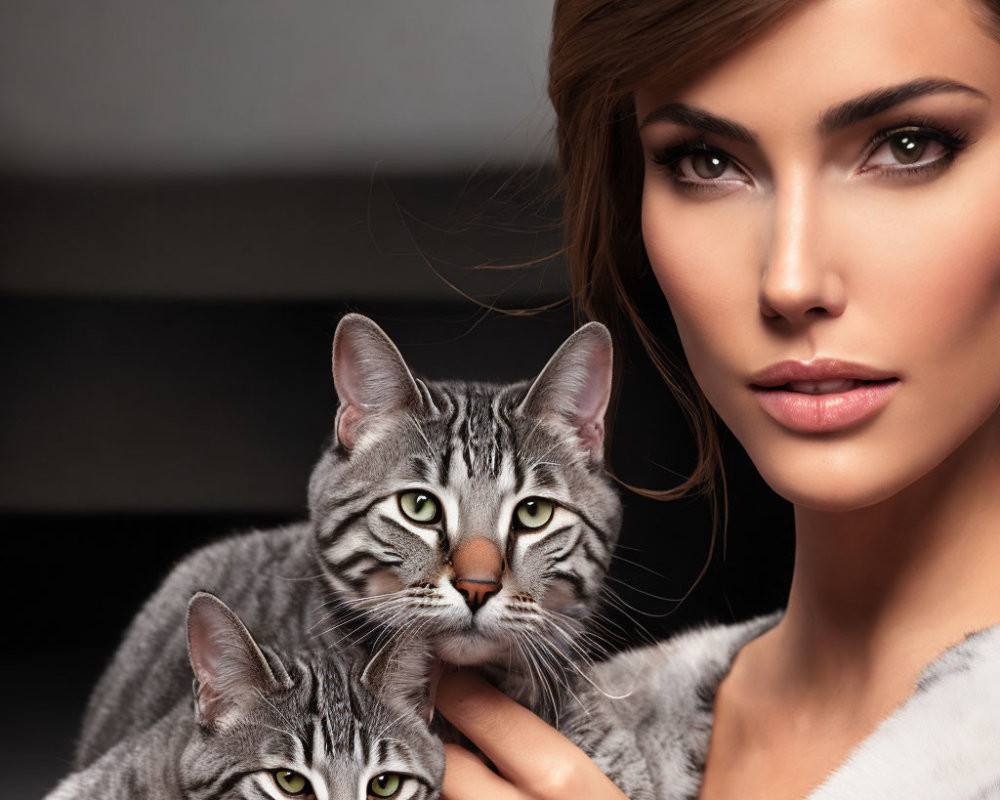 Woman with Grey Tabby Cats in Fur Coat Against Gray Backdrop