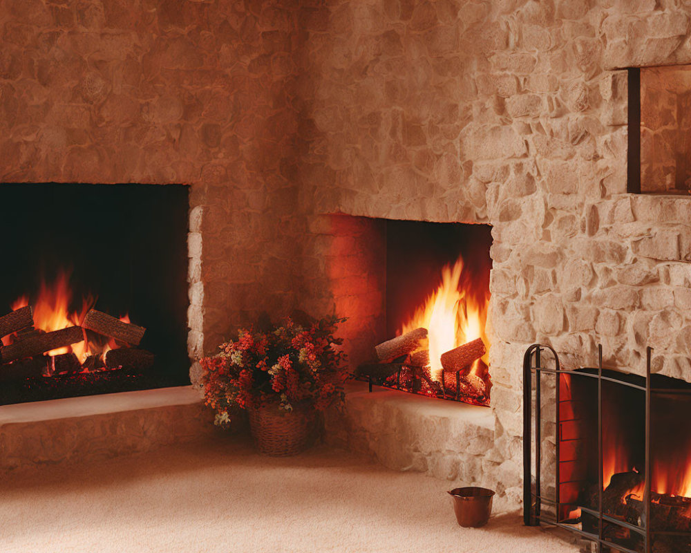 Intimate Room with Two Burning Fireplaces and Stone Walls