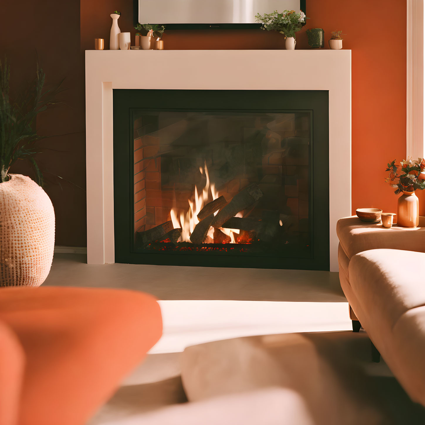 Inviting living room with fireplace, warm walls, comfy furniture & tranquil decor