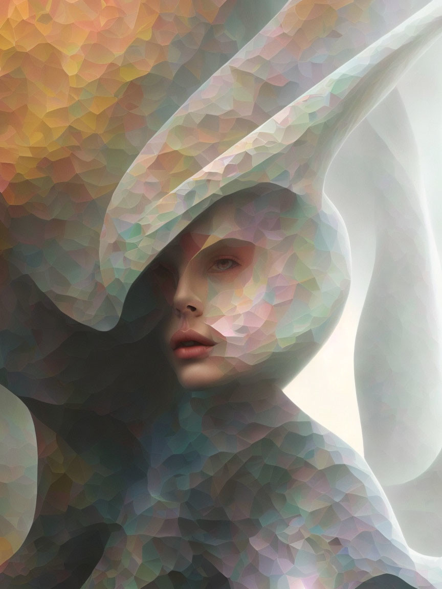 Abstract Multicolored Digital Portrait of Woman in White Hat