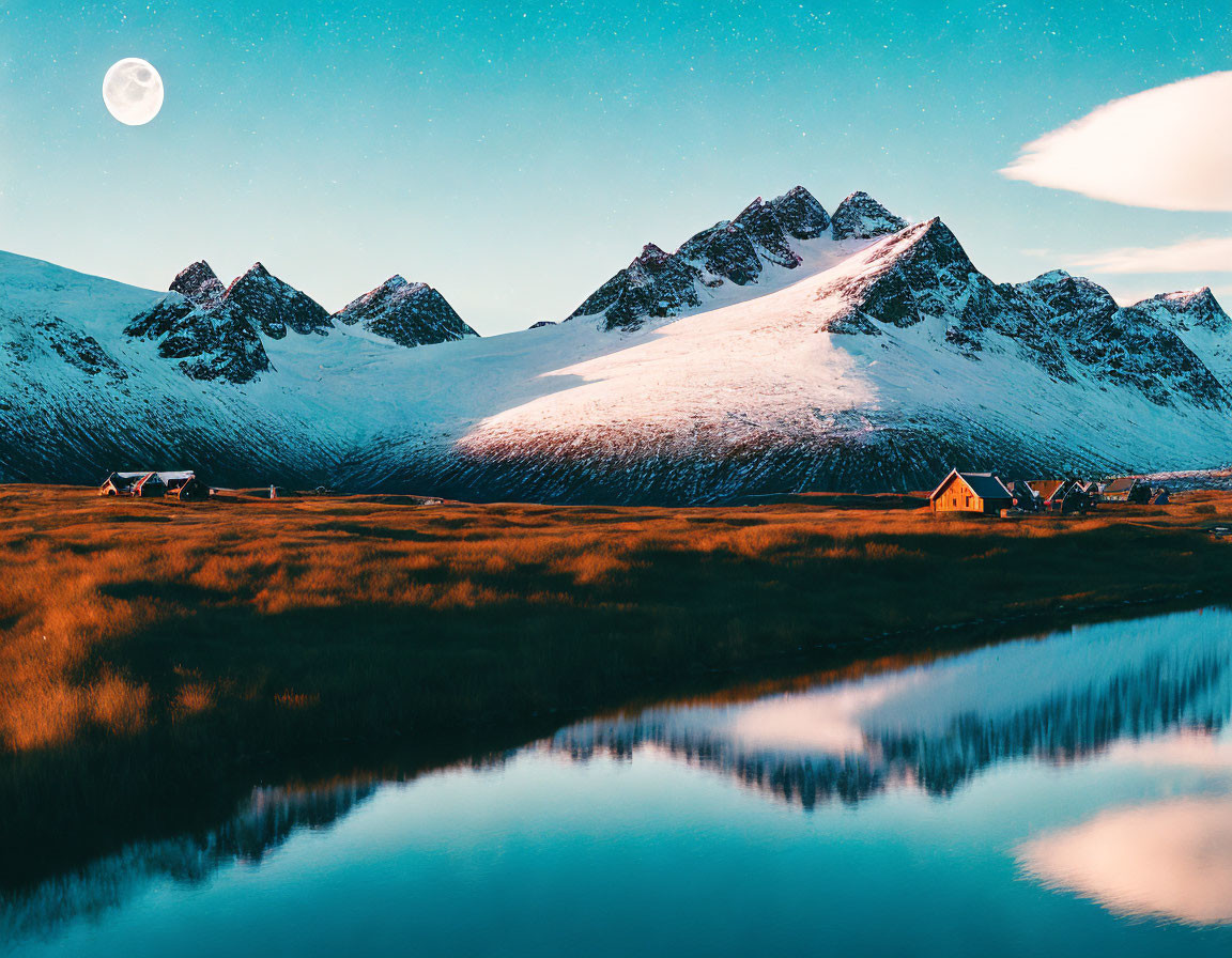 Snow-capped mountains under full moon night sky reflecting on tranquil lake with village at foothills