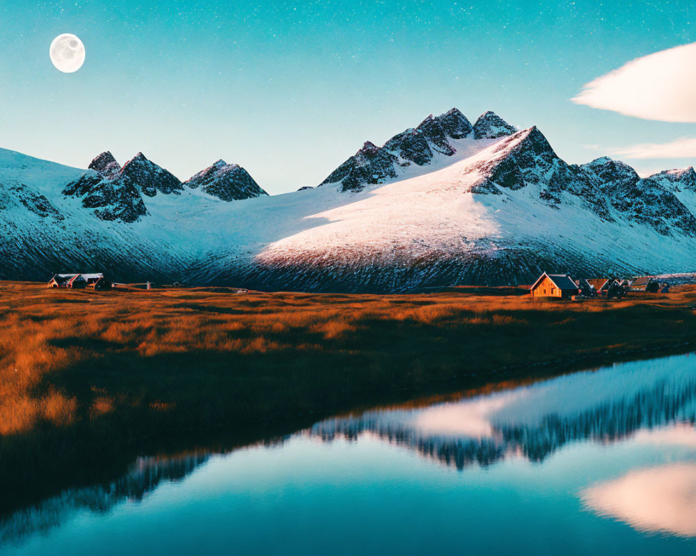 Snow-capped mountains under full moon night sky reflecting on tranquil lake with village at foothills
