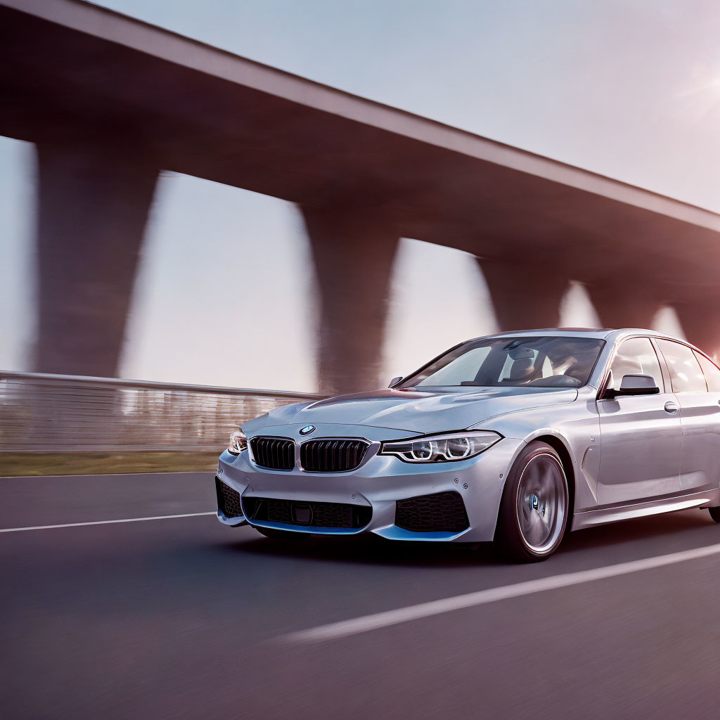 Silver BMW M3 on Highway with Concrete Overpass