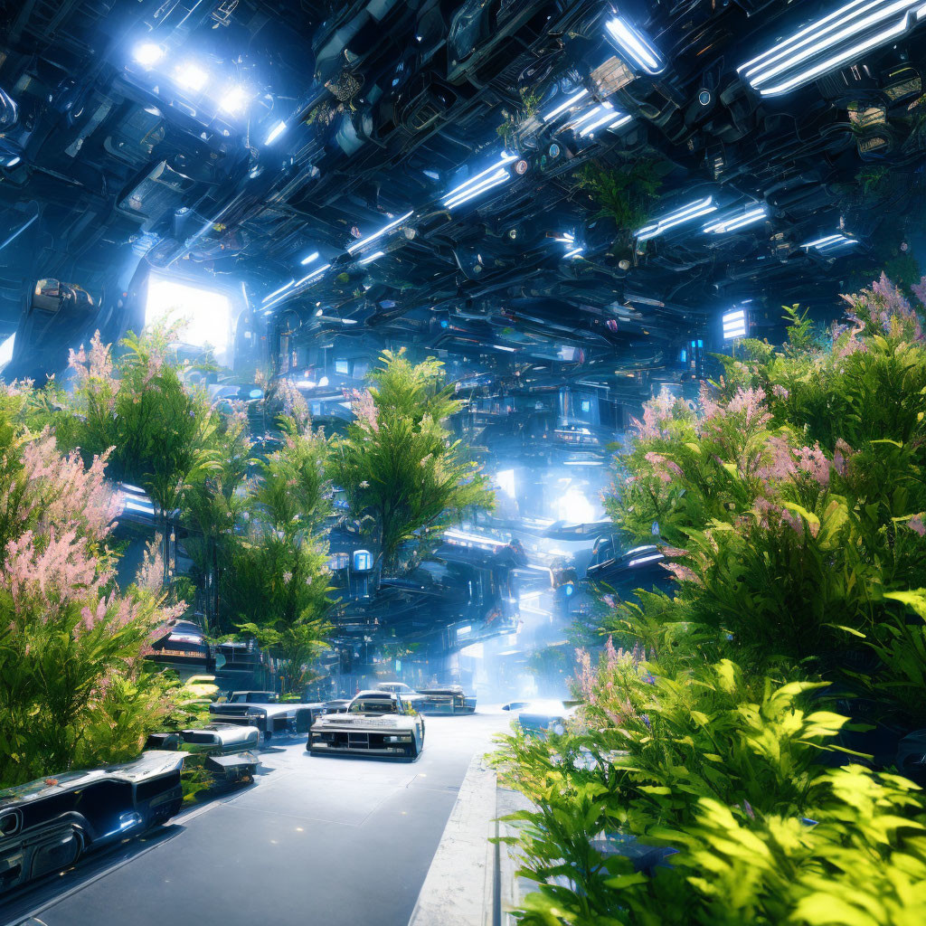 Futuristic cityscape with lush greenery, blue lights, flying cars