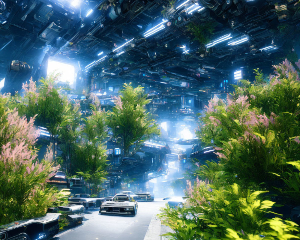 Futuristic cityscape with lush greenery, blue lights, flying cars