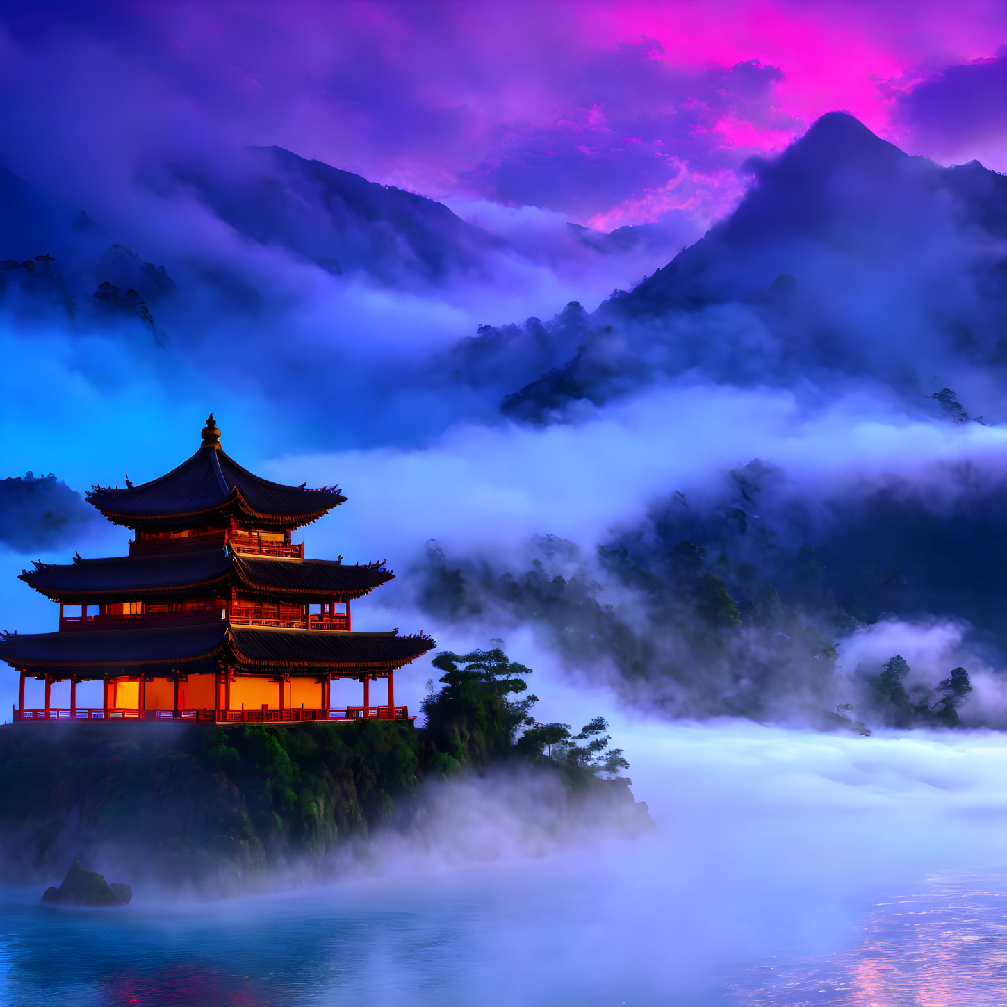 Traditional East Asian Pagoda in Mystical Fog with Pink and Blue Sky