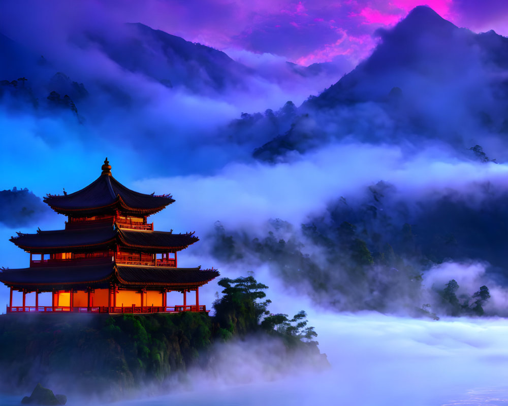 Traditional East Asian Pagoda in Mystical Fog with Pink and Blue Sky